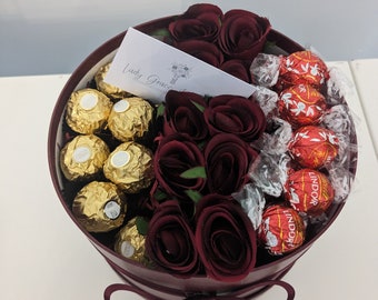 Burgundy Ferreros & Lindt Silk Flowers Hat Box Gift