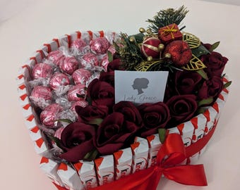 Kinder Heart Strawberry and Cream Lindt Stunning Christmas Silk Flowers Gift Hamper