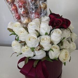 Personalised Lindt Lindor Burgundy Stunning Silk Flowers Hat Box Gift