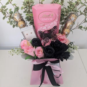 Chocolate Bouquet Black & Pink Earrings Strawberry and Cream Lindt And Ferrero Stunning Silk Flowers Bouquet Gift