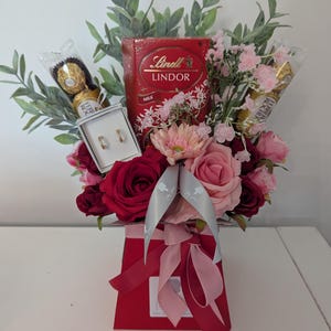 Chocolate Bouquet Red & Pink Earrings Lindt And Ferrero Stunning Silk Flowers Bouquet Gift