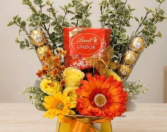 Chokladbukett Orange & Gul Lindt och Ferrero Fantastisk Sidenblommabukett Gåva