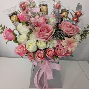 Chocolate Bouquet Ferrero Rocher & Lindt Lindor Silver/Pink Stunning Silk Flowers Bouquet Gift