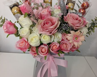 Ramo de chocolate Ferrero Rocher y Lindt Lindor Plata/Rosa Impresionante ramo de flores de seda para regalo
