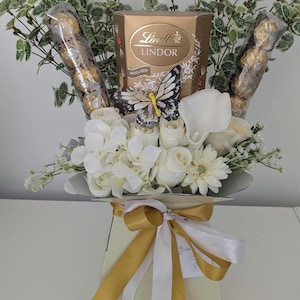Chocolate Bouquet Gold & Cream Lindt And Ferrero Stunning Silk Flowers Bouquet Gift