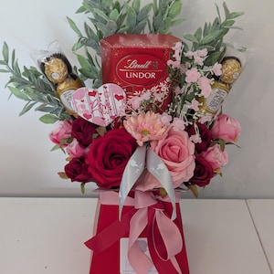 Chocolate Bouquet I Love You Red & Pink Lindt And Ferrero Stunning Silk Flowers Bouquet Gift
