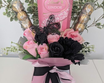 Ramo de chocolate para el Día de la Madre, ramo de flores de seda negro y rosa de Lindt y Ferrero, regalo impresionante