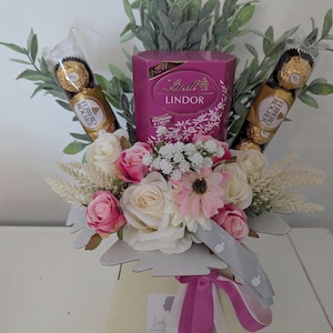 Chocolate Bouquet Cream & Pink Raspberry and Cream Lindt And Ferrero Stunning Silk Flowers Bouquet Gift