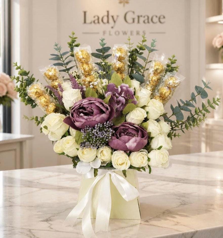 Chocolate Bouquet Lindt Lindor Mauve & Cream Stunning Silk Flowers Bouquet Gift