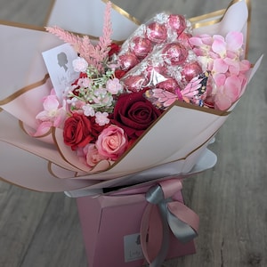 Chocolate Bouquet Handtied Strawberry & Cream Lindt Pink Silk Flowers Bouquet Gift