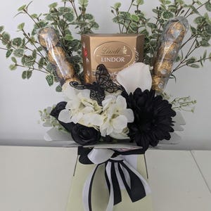 Chocolate Bouquet Black & Cream Lindt And Ferrero Stunning Silk Flowers Bouquet Gift