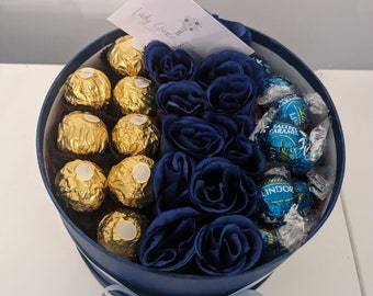 Blue Ferrero Rocher & Lindt Silk Flowers Hat Box Gift