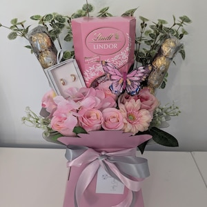 Chocolate Bouquet Pink & Cream Earrings Lindt And Ferrero Stunning Silk Flowers Bouquet Gift