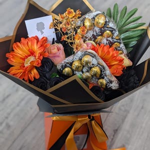 Chocolate Bouquet Handtied Dark Lindt Orange/Black Silk Flowers Bouquet Gift