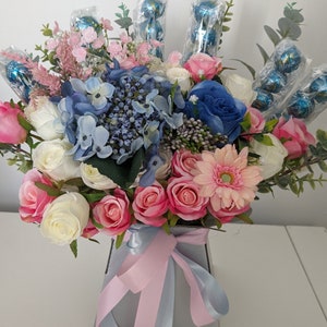 Chocolate Bouquet Lindt Lindor Silver Pink & Blue Stunning Silk Flowers Bouquet Gift