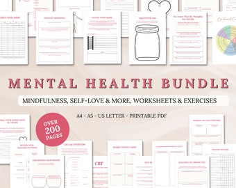 Mental Health Worksheet Bundle: Therapy Journal, Self-Care Planner (PDF)