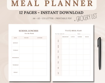 Weekly Meal Planner Printable with Grocery List (PDF)