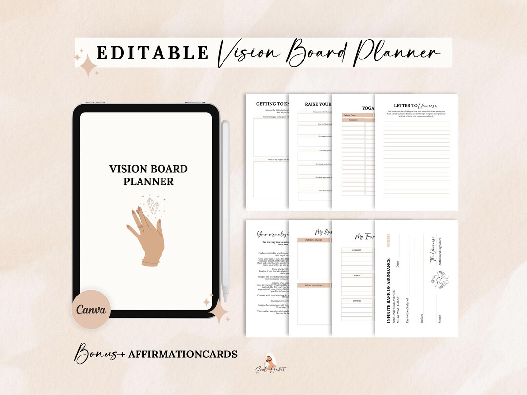 Vision Board Digital Planner Editable Canva Manifestation Journaling ...