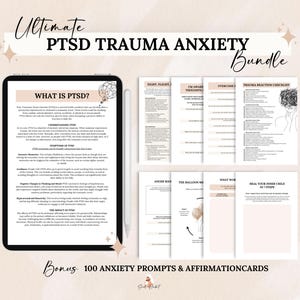 May include: A digital printable bundle for managing PTSD, trauma, and anxiety. The bundle includes worksheets, checklists, and prompts for self-reflection and healing. The text "Ultimate PTSD Trauma Anxiety Bundle" is at the top of the image. The text "Bonus 100 Anxiety Prompts & Affirmation Cards" is at the bottom of the image.