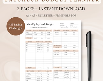 Paycheck Budget Planner Printable, Monthly Budget Template (PDF)