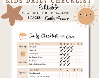 Kids Daily Checklist, Editable Chore Chart (Printable PDF)