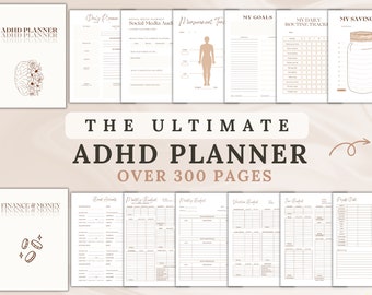 May include: A digital planner designed for people with ADHD. The planner has over 300 pages and includes sections for daily routines, goals, finances, and more. The cover features a brain with flowers and the text "ADHD Planner".