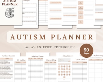 Autismplanerare, 55-sidig arbetsbok, dagbok och checklista (utskrivbar PDF)
