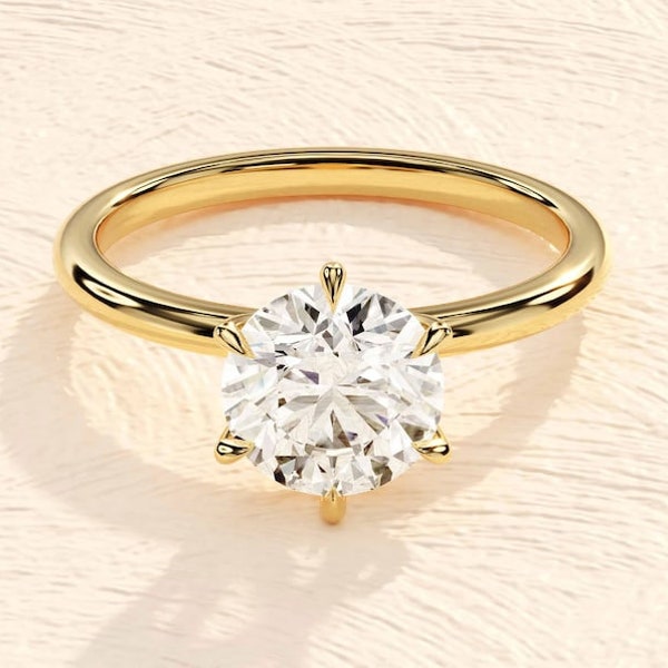 Bague de fiançailles ronde à 6 broches en or massif 14 carats / 1, 1,5, 2 CT Moissanite Bagues de fiançailles / Solitaire Moissanite Ring / Gold Promise Ring