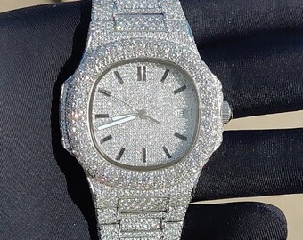 Atemberaubende Iced Out White Moissanite Diamant Uhr - Edelstahl, Voll Büste Down, Iced Out und 41MM Automatik Uhr Für Herren