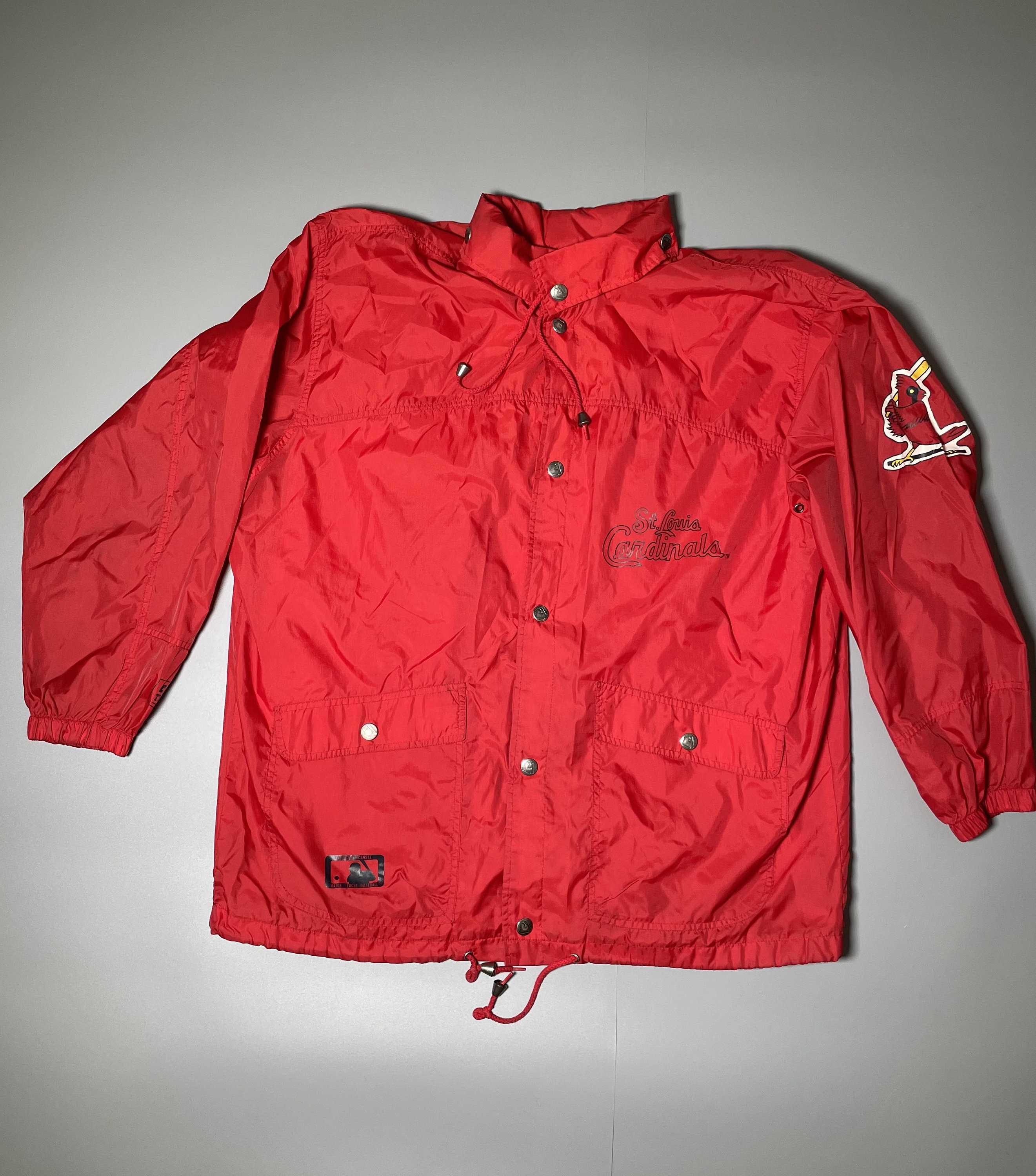 Vintage 1960s St. Louis Red Satin Bomber Jacket Snap Front Sewn STL Men’s  Large