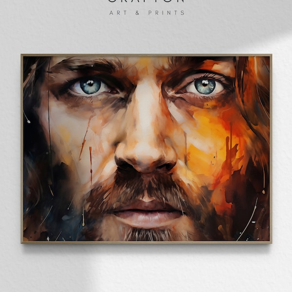 Visage de Jésus aux yeux bleus, gros plan grande peinture chrétienne aquarelle Bible Art mural impression affiche imprimable téléchargement numérique