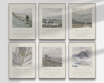 Set of 6, Bible Verse Scriptures of Psalms 121, 51, 27, 91, 139, 23 Vintage Watercolor Christian Wall Art Prints Printable DIGITAL DOWNLOAD