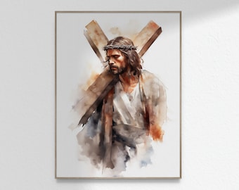 Jesus with Cross Jesus Carrying Cross Christ Cross Watercolor Painting Christian Bible Wall Art Print Poster Printable DIGITAL DOWNLOAD Jpg