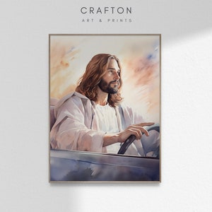 Gesù prende il volante, Cristo guida l&#39;auto, pittura ad acquerello, Bibbia cristiana Wall Art Print Poster stampabile DIGITAL DOWNLOAD JPG
