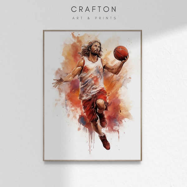 Jésus jouant au basket-ball joueur peinture peinture Christ Christian garçon cadeau adolescent mur Art impression affiche oeuvre imprimable TÉLÉCHARGEMENT NUMÉRIQUE
