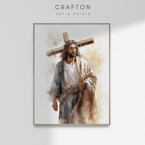 May include: A watercolour painting of Jesus carrying a wooden cross. He is wearing a white robe and a crown of thorns. The background is a soft brown and beige.