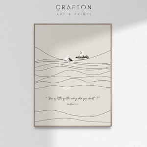 Jesus Walking on Water Saves Peter &quot;You of little faith...&quot; Quote, Beige Grey White Christian Bible Modern Print Wall Art DIGITAL DOWNLOAD