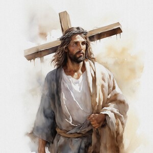 May include: A watercolour painting of a man carrying a wooden cross. He is wearing a white robe and a crown of thorns. The background is a light brown.