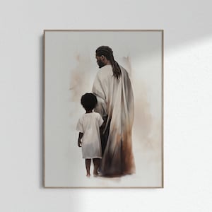 Black Jesus Christ Walking With a Child Print Jesus with Black Kid Art Nursery Kids Room Christian Printable Bible Wall Art DIGITAL DOWNLOAD