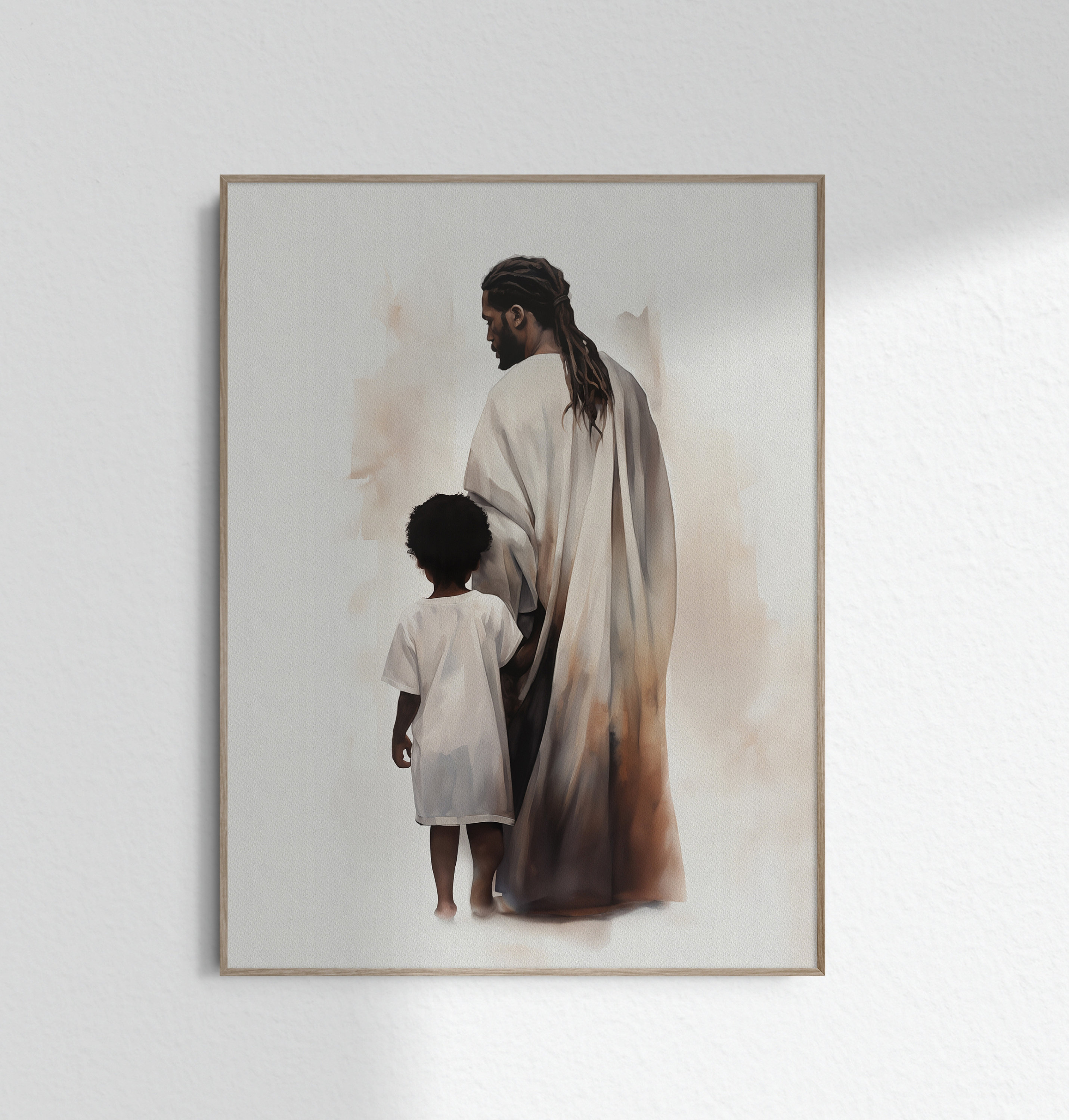 子供と歩く黒人のイエス・キリストのプリント 黒人の子供とイエスの