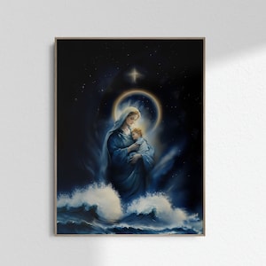 Arte de Nuestra Señora Estrella del Mar Arte de la Virgen María, Arte de pared católica Impresión cristiana María Nuestra Madre Pintura Póster Imprimible DESCARGA DIGITAL