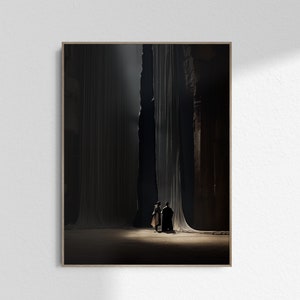 May include: Two figures stand in a dark, cavernous space with large, draped fabric panels. The figures are silhouetted against the light coming from behind them.