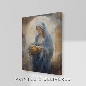 May include: A canvas print of a watercolor painting depicting a woman in a blue robe holding a basket of fruit. The woman is inside an arched doorway. The text "PRINTED & DELIVERED" is at the bottom of the canvas.