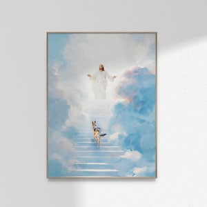 Gesù incontra un pastore tedesco in cielo, Gesù con un pastore tedesco, regalo per la perdita di un animale domestico, stampa artistica da parete, dipinto, stampabile, DOWNLOAD DIGITALE Jpg
