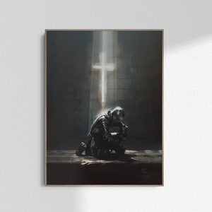 Chevalier agenouillé enfilant l'armure complète de Dieu, cadeau pour garçons, impression d'art mural pour chambre d'enfant, cadeau de baptême chrétien, affiche imprimable, téléchargement numérique