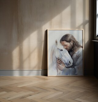 Quadro Con Cavallo E Gesù Christian Wall Art - Stampa Su Tela Pronta Da Appendere Per Soggiorno, Ufficio O Camera Da Letto - Regalo Perfetto Per Amanti Dei Cavalli E Fede Cristiana