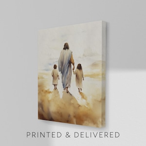 May include: Canvas art print depicting a figure in a white robe leading two children, holding their hands. The artwork is rendered in soft, warm tones, with a focus on the figures and a blurred background. The text "PRINTED & DELIVERED" is at the bottom.