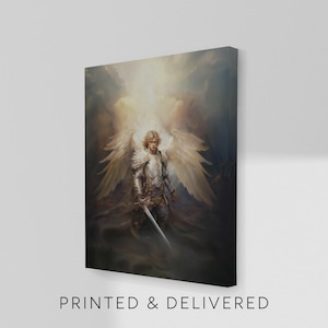 May include: A canvas print featuring a detailed illustration of an angel with large white wings, wearing armor and holding a sword. The artwork is set against a backdrop of clouds and light. The text "PRINTED & DELIVERED" is at the bottom.