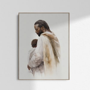 Black Jesus with Infant Art, Black Christ With Small Child Kid Print Art Black Christian Nursery Wall Art Painting Poster DIGITAL DOWNLOAD