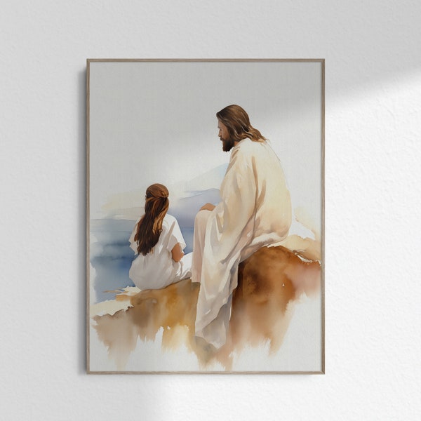Jesus with Young Brunette Girl Christ Listening Christian Print First Communion Gift Christian Wall Art Poster Painting DIGITAL DOWNLOAD JPG